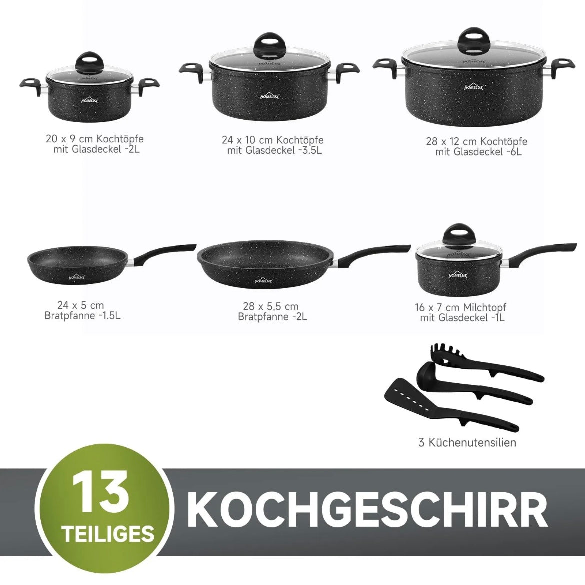 Topf Set 13-Teilig Induktionsgeeignet Aluminiumguss Kochtopfset mit Glasdeckel und Kochzubehör