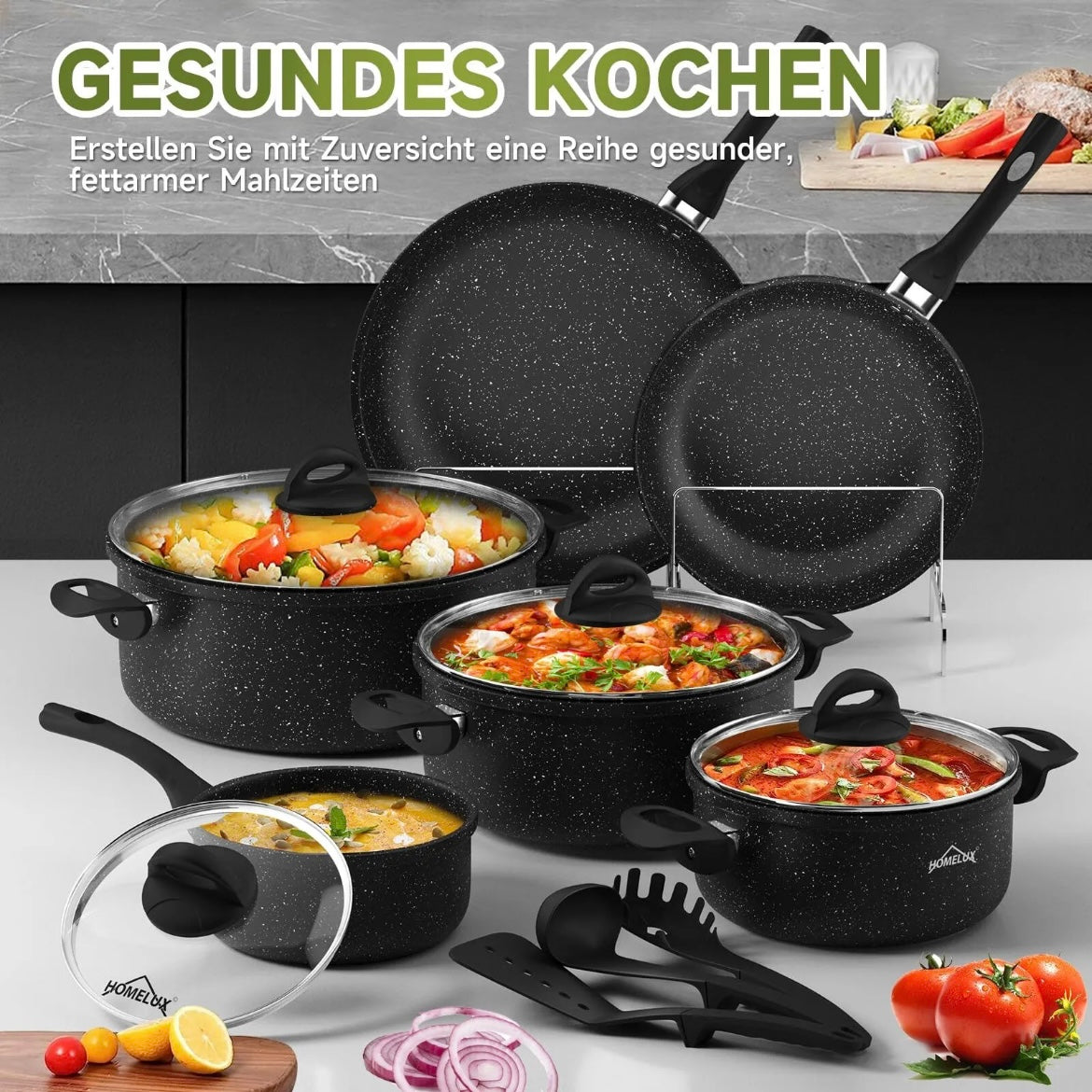 Topf Set 13-Teilig Induktionsgeeignet Aluminiumguss Kochtopfset mit Glasdeckel und Kochzubehör