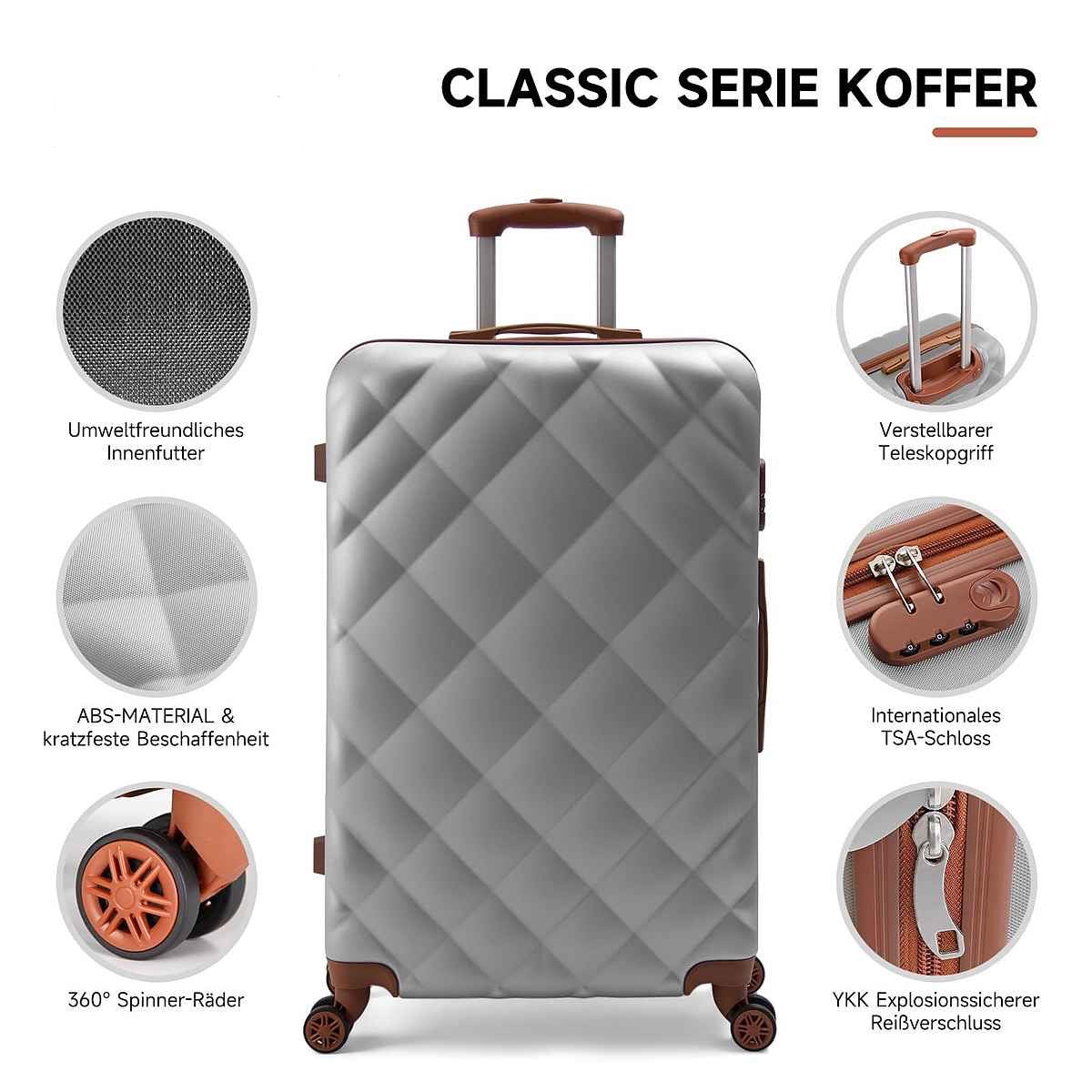 Reisekoffer Set 3-Teilig Hartschale Reisekoffer ABS Set - M-L-XL in Silber