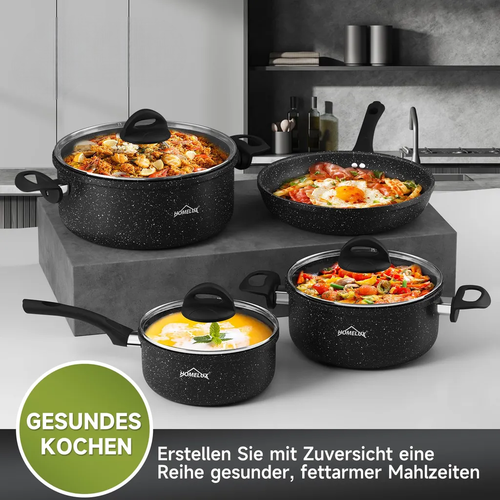 Topf Set 7-Teilig Induktionsgeeignet Aluminiumguss Kochtopfset mit Glasdeckel