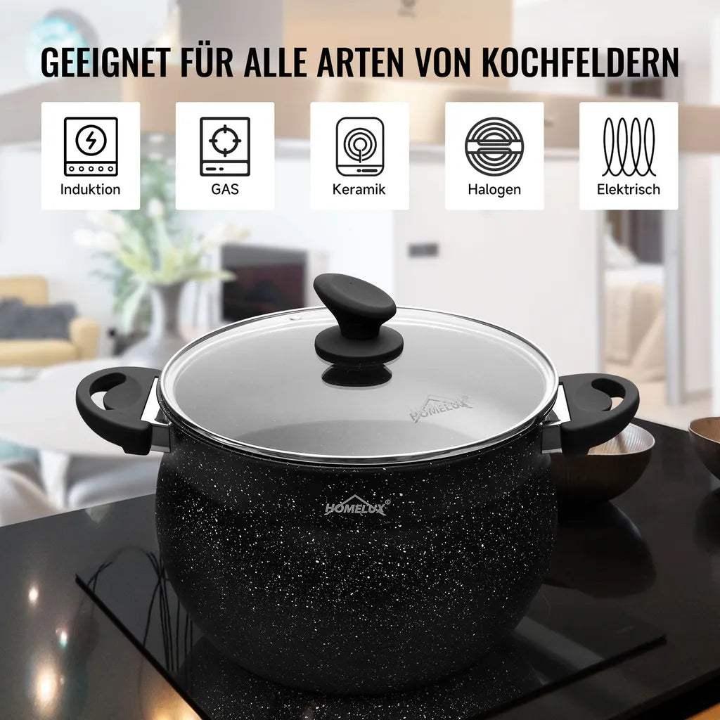 Topf Set 6-Teilig Antihaftbeschichtung 3 Stück mit Glasdeckel 6L/10L/15L Induktionsgeeignet