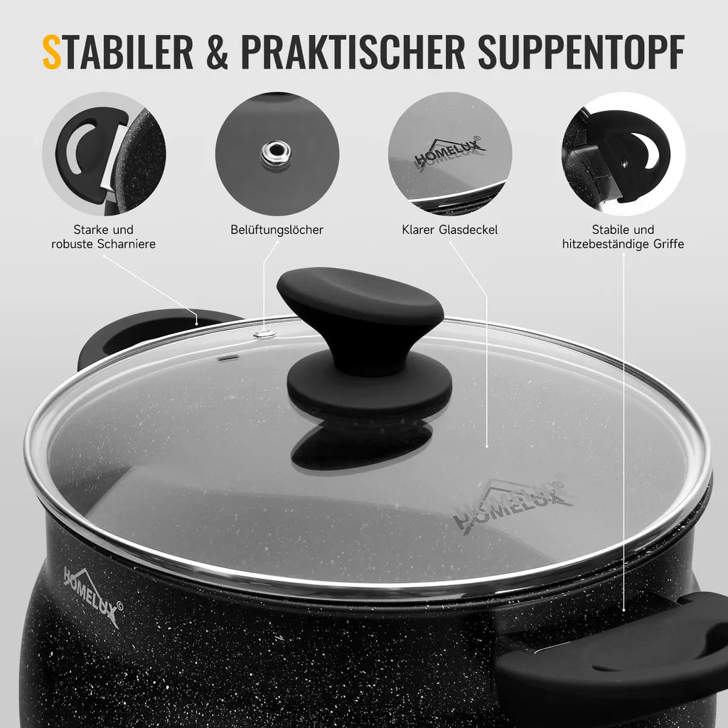 Topf Set 6-Teilig Antihaftbeschichtung 3 Stück mit Glasdeckel 6L/10L/15L Induktionsgeeignet